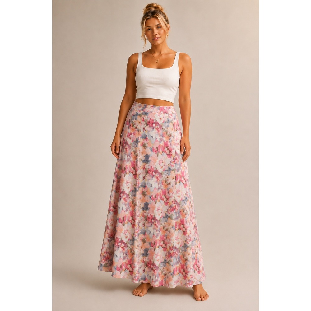 VALERIE STEVENS Silk‎ Floral Chiffon A-Line Maxi Skirt Romantic Pink Sz 1X